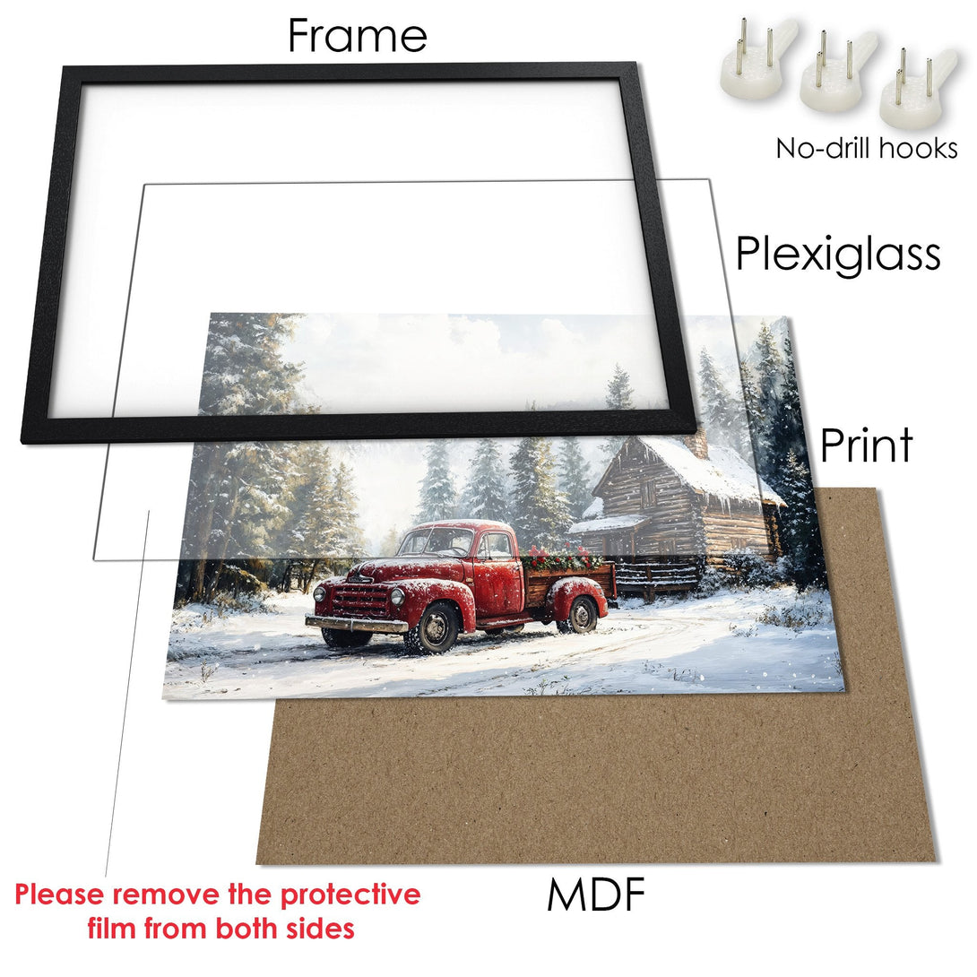 Framed Poster of a red truck in a snowy landscape. Rustic style, warm color palette. Perfect wall art!