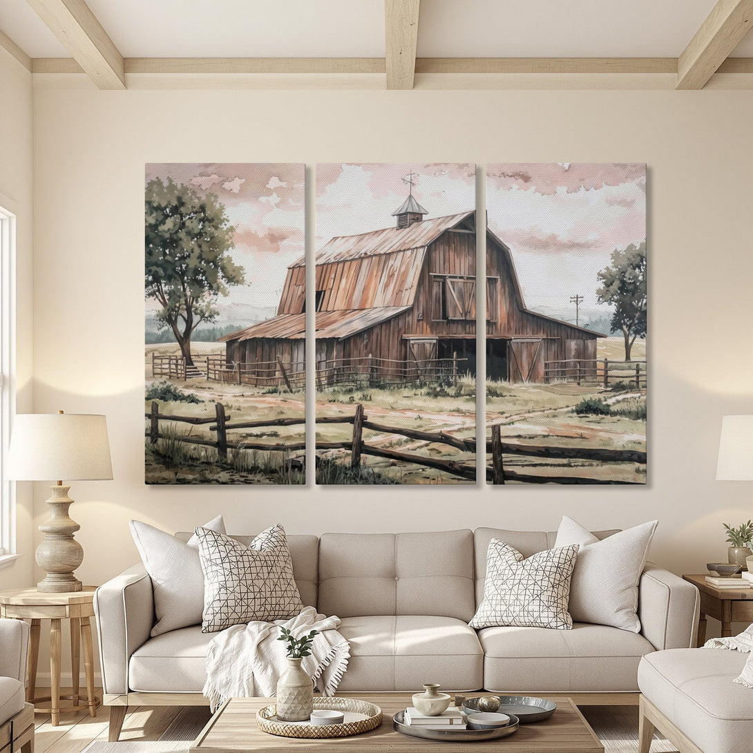 Canvas Print of a rustic barn watercolor painting in a warm, neutral color palette. Perfect farmhouse wall art for any home.