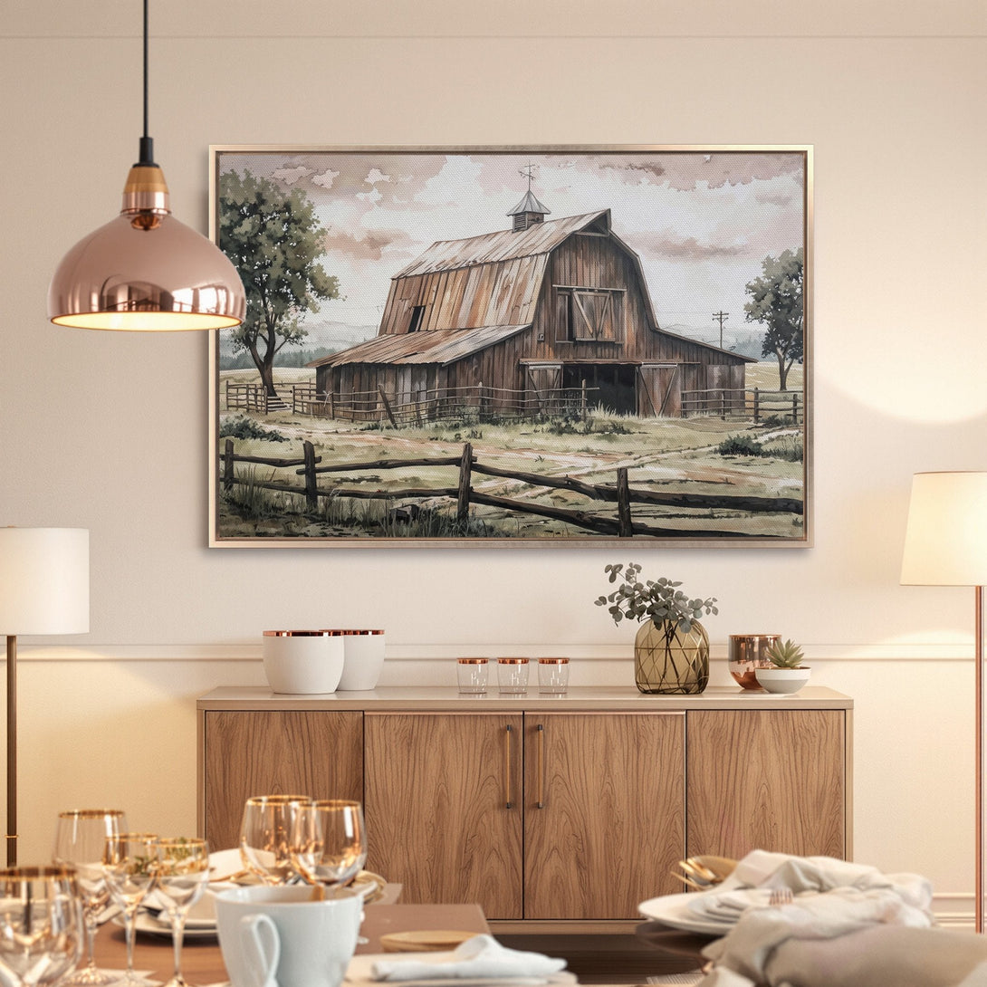Framed Wall Art: Rustic barn watercolor print in warm neutral tones. Perfect farmhouse decor for your living room or dining area.