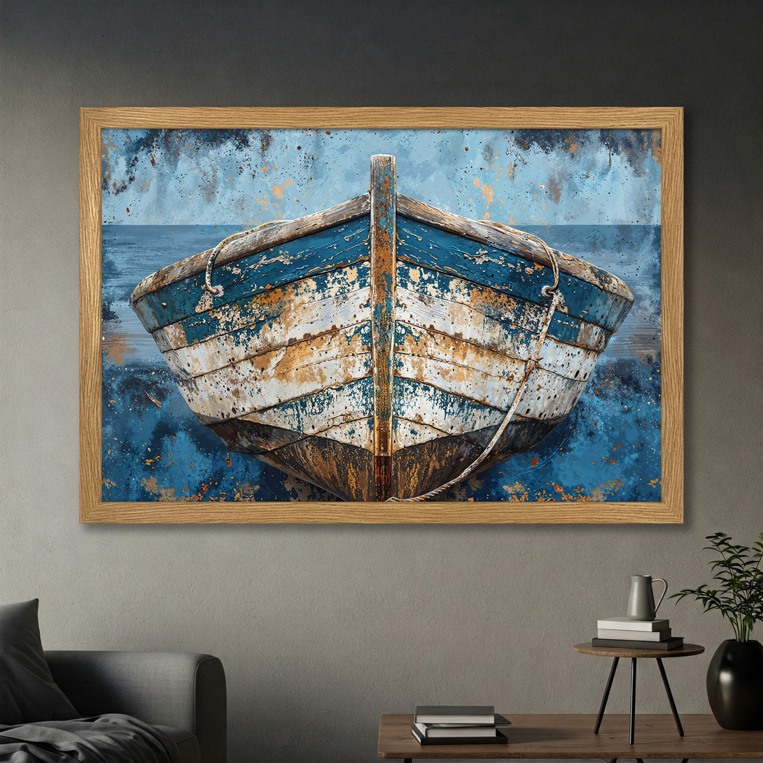 Framed Poster featuring a weathered boat in blue and white, artistic style with a cool color palette. Perfect nautical wall art.