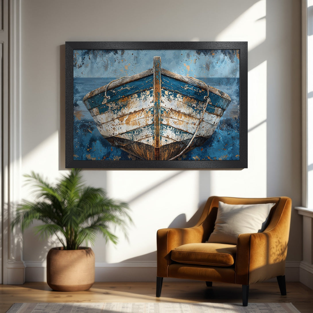 Framed Poster featuring a weathered boat in blue and white tones. Coastal art print perfect for your home decor.