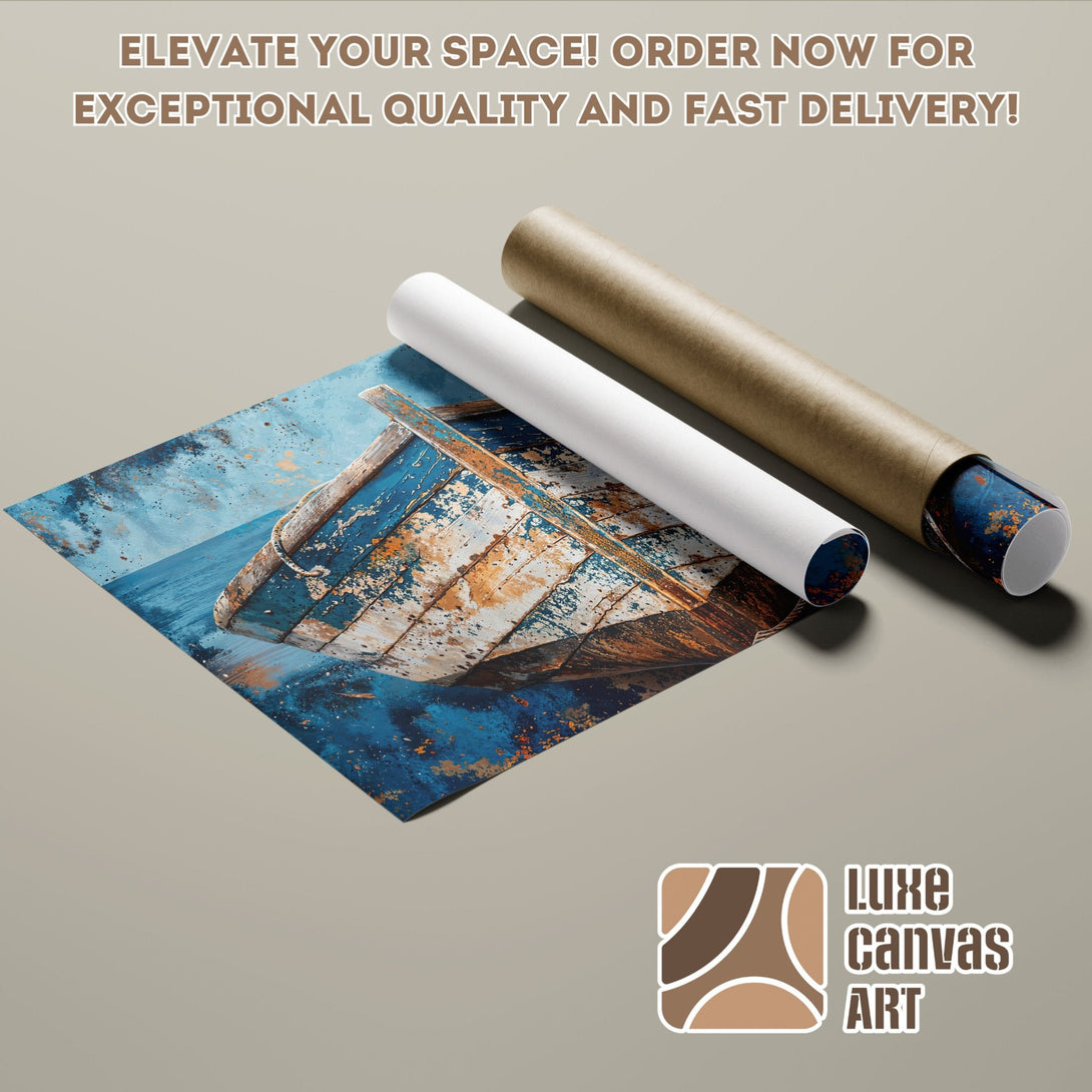 Poster Roll featuring a boat painting in blue and orange hues, perfect wall art.
