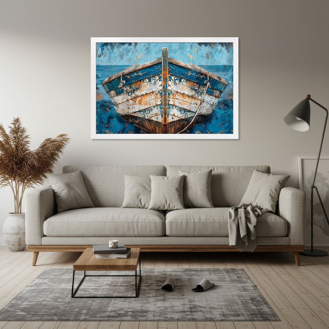 Framed Poster featuring a weathered boat illustration in blue and white, perfect for coastal decor.