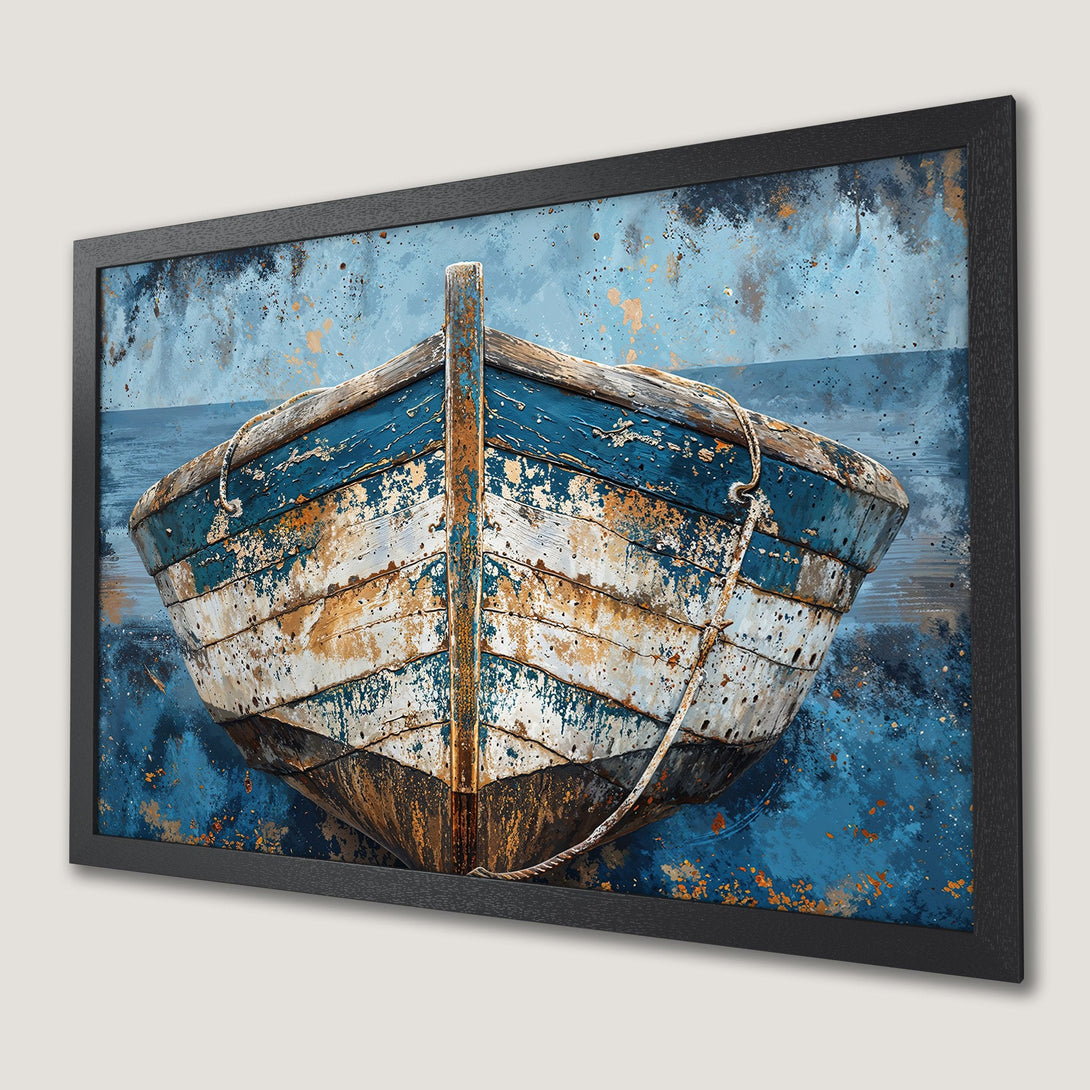 Framed Poster of a weathered boat in blue and white, artistic style, perfect wall decor.