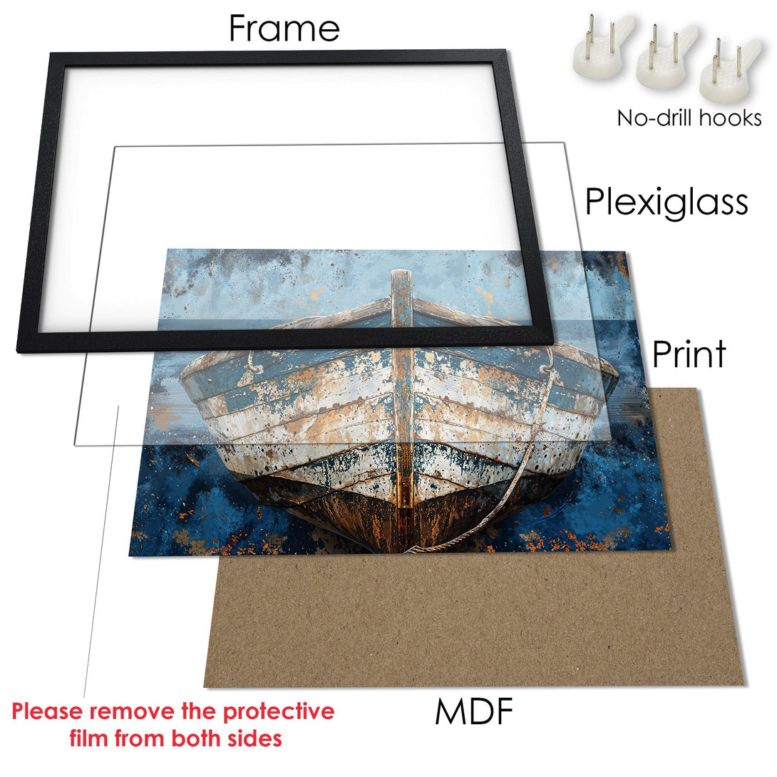 Framed Poster featuring a distressed boat in blue and gold tones. Coastal art print for your home.