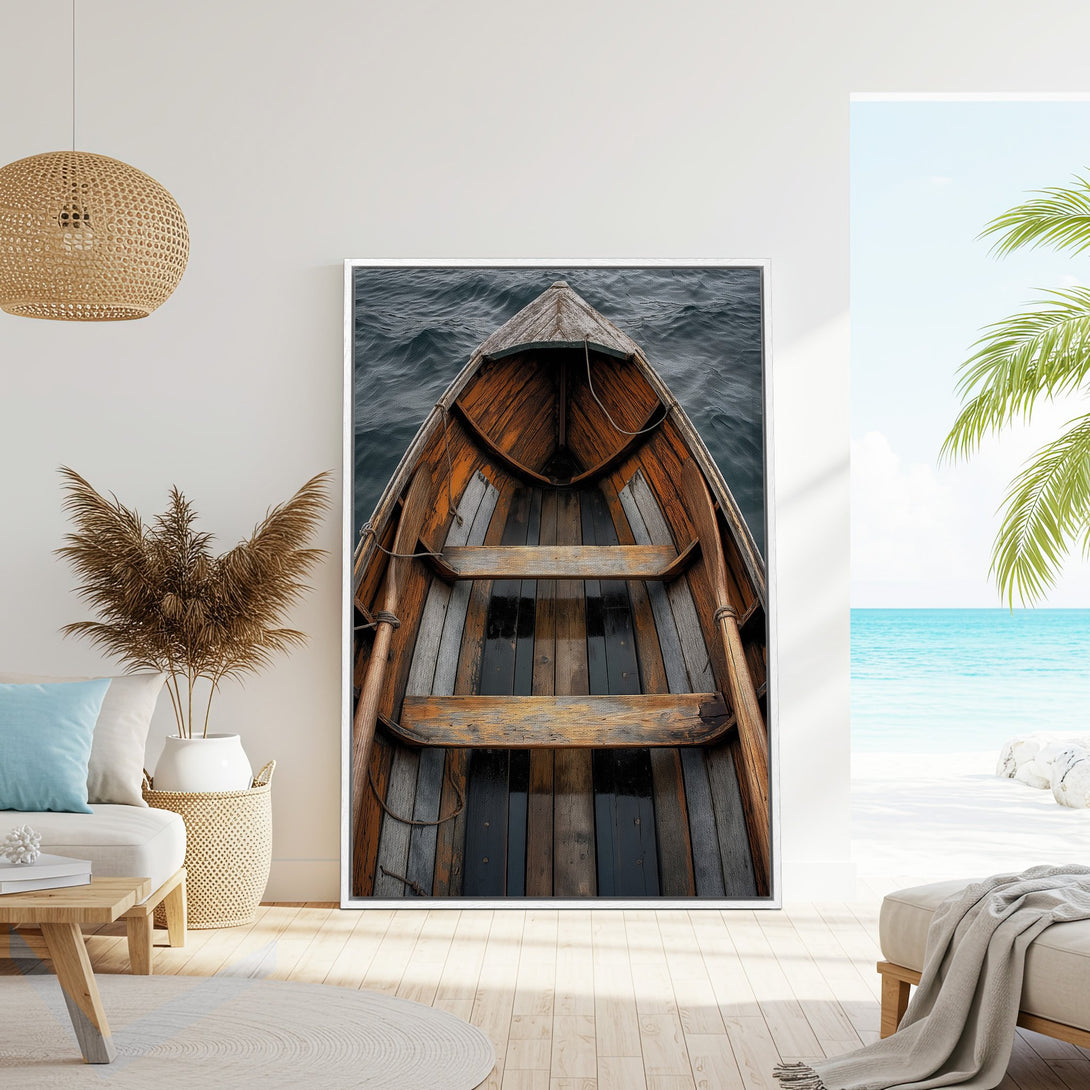 Framed Wall Art: Rustic wooden boat on the water. Coastal decor with warm, natural tones. Bring the serenity of the sea into your home!