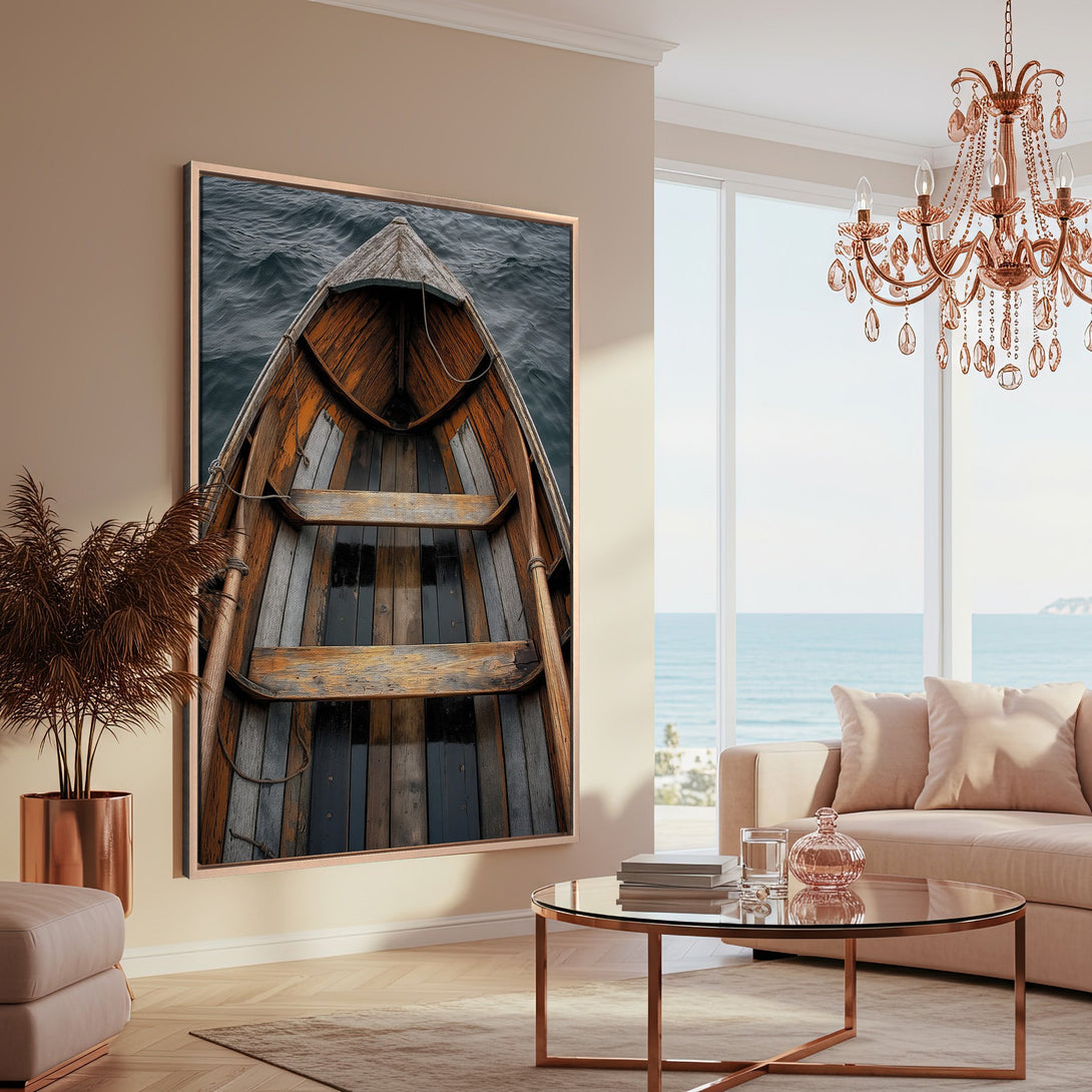 Framed Wall Art: Rustic boat scene in warm tones. Coastal-inspired art with a neutral color palette, perfect for adding a touch of nature to your home.