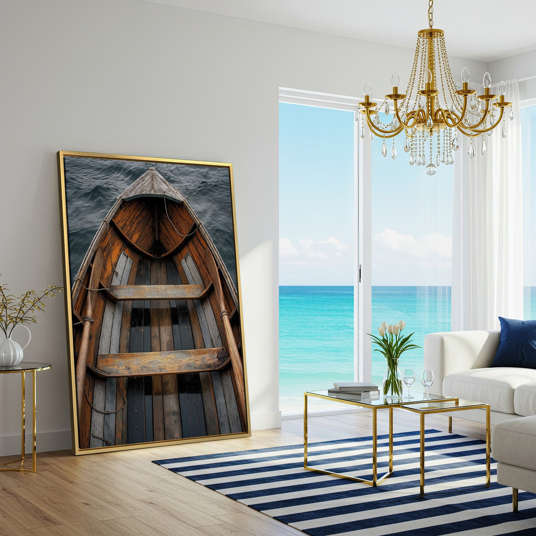 Canvas Print of a wooden boat on water, warm tones. Coastal wall art for a modern living room.
