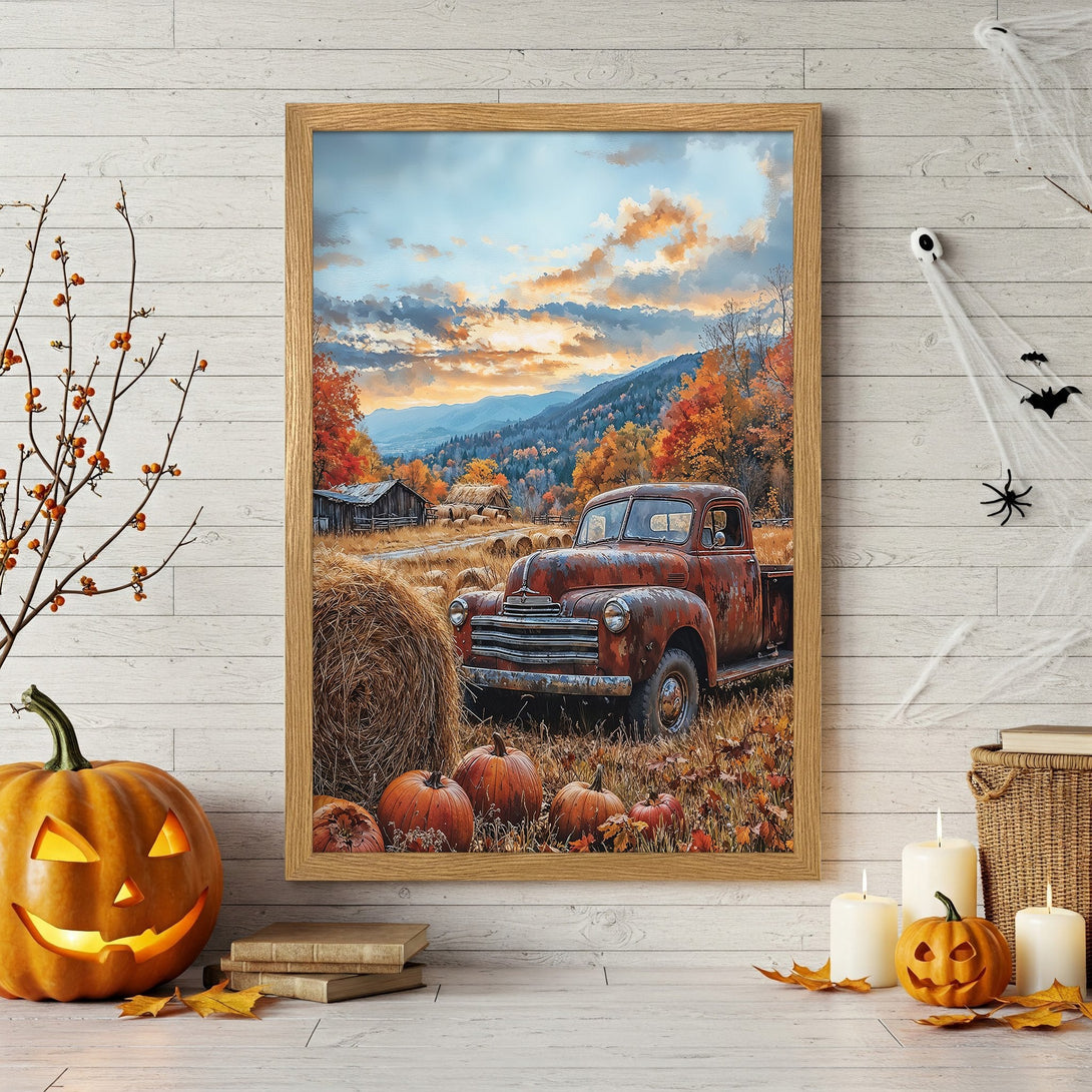 Framed Poster featuring a rustic autumn landscape with a vintage truck, warm color palette. Perfect fall decor!