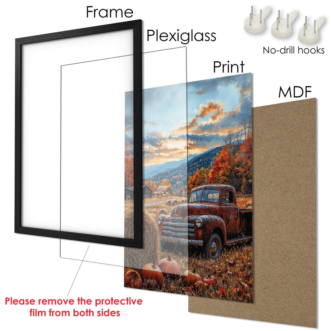Framed Poster: Rustic truck art print in warm autumn colors. Perfect wall decor for your home. Ready to hang!