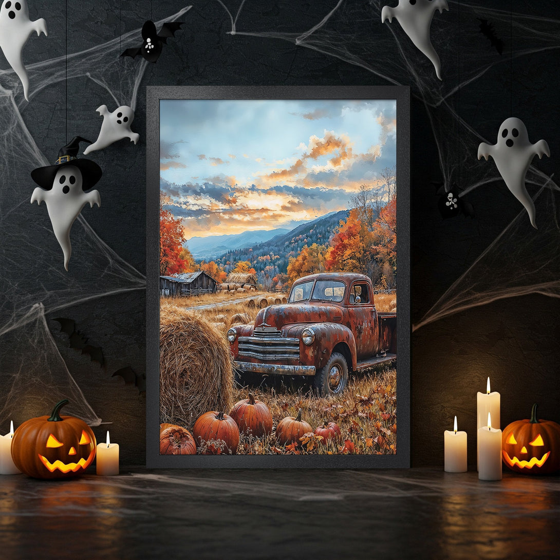 Framed Poster featuring a vintage truck in autumn landscape, warm orange & brown tones, perfect fall decor.