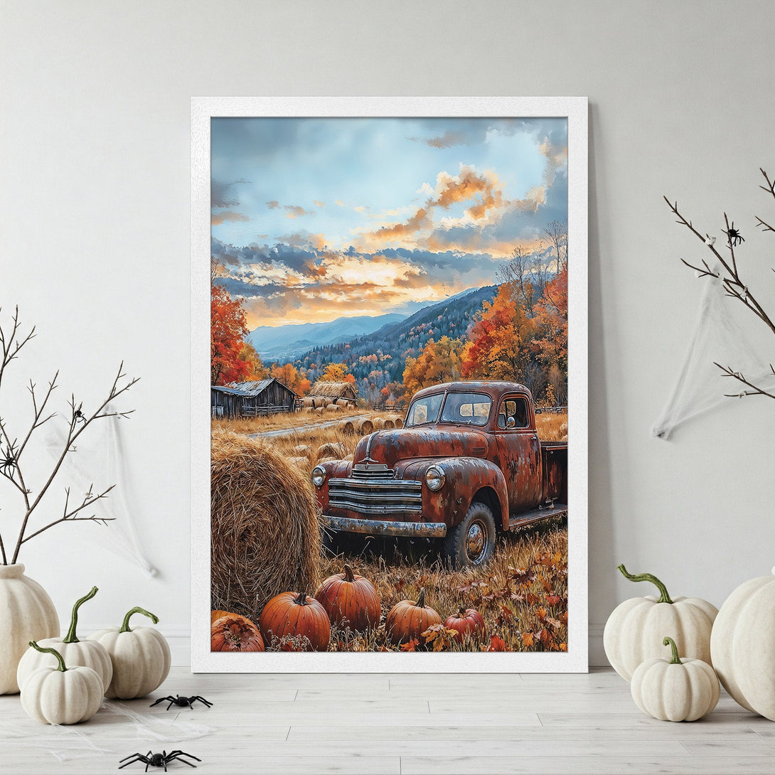 Framed Poster featuring a rustic truck in an autumn landscape with pumpkins. Warm, inviting color palette. Perfect fall decor!