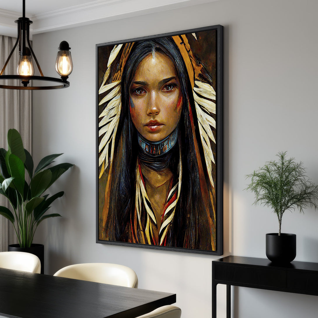 Framed Wall Art: Stunning portrait of a Native American woman. Warm, earthy color palette with pops of red and yellow. Perfect for adding a touch of culture to your home.