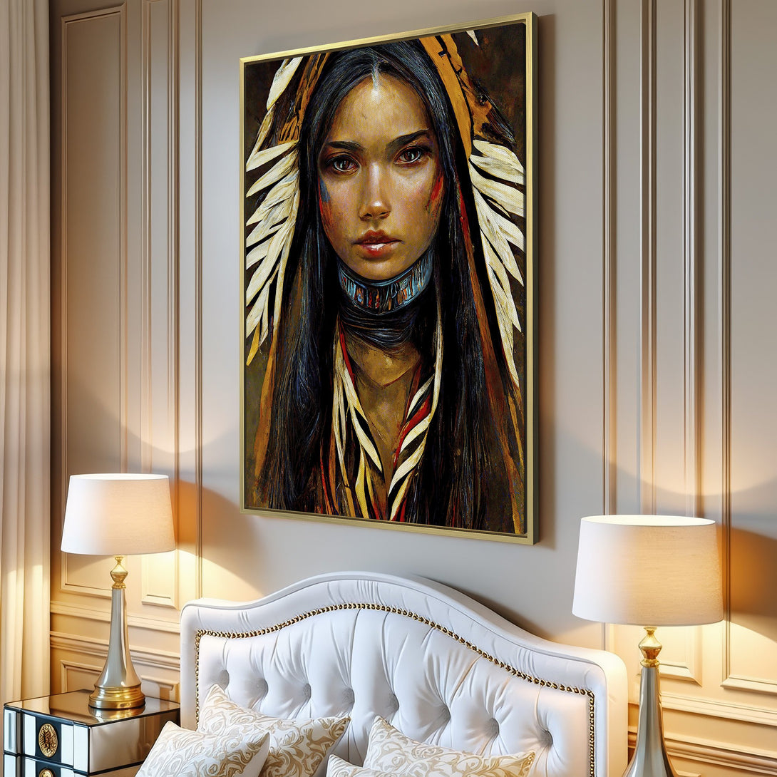 Canvas Print featuring a Native American woman portrait in warm earth tones. Artistic style, perfect for living room decor.