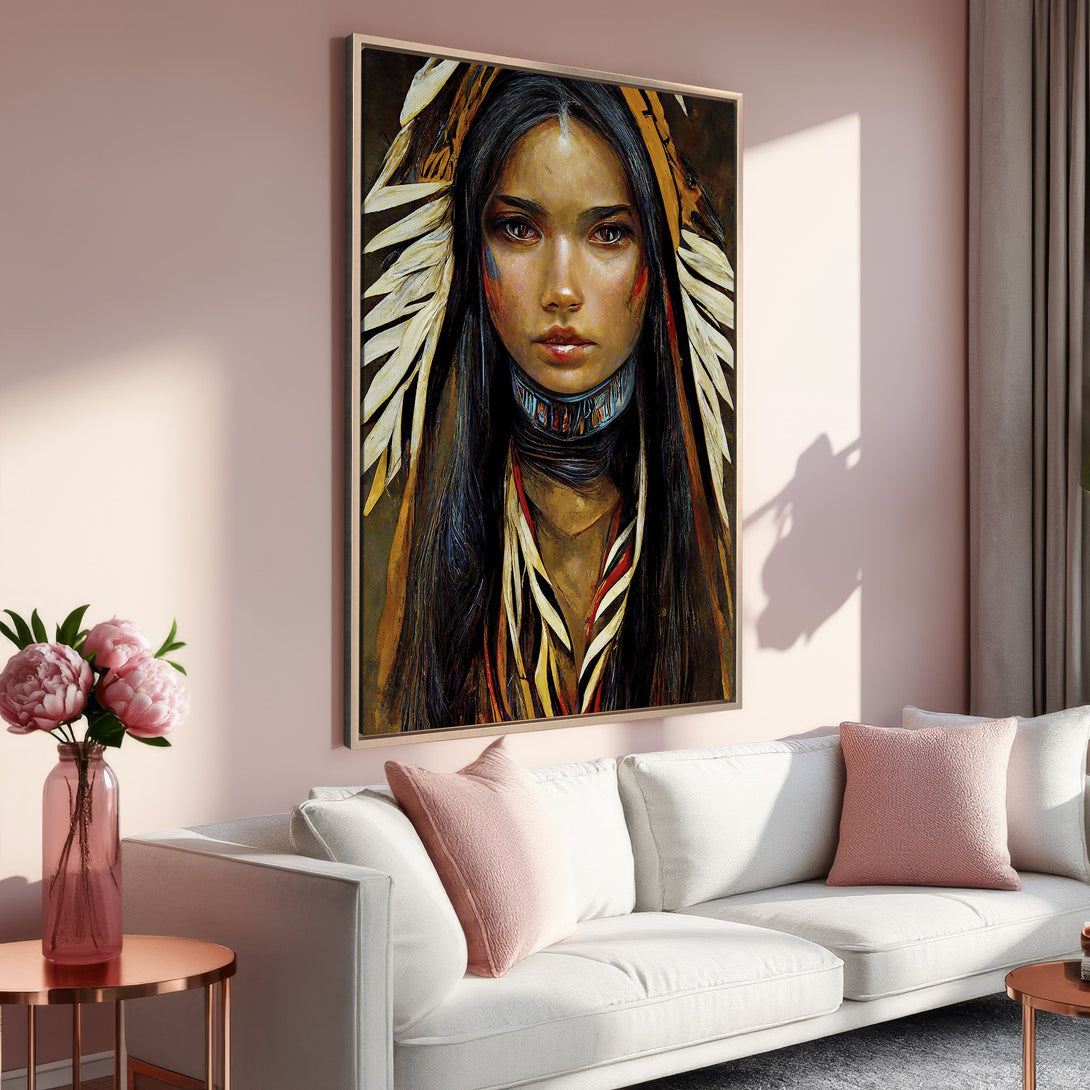 Framed Wall Art featuring a Native American portrait in warm, earthy tones. Perfect for adding a touch of elegance to any living space.