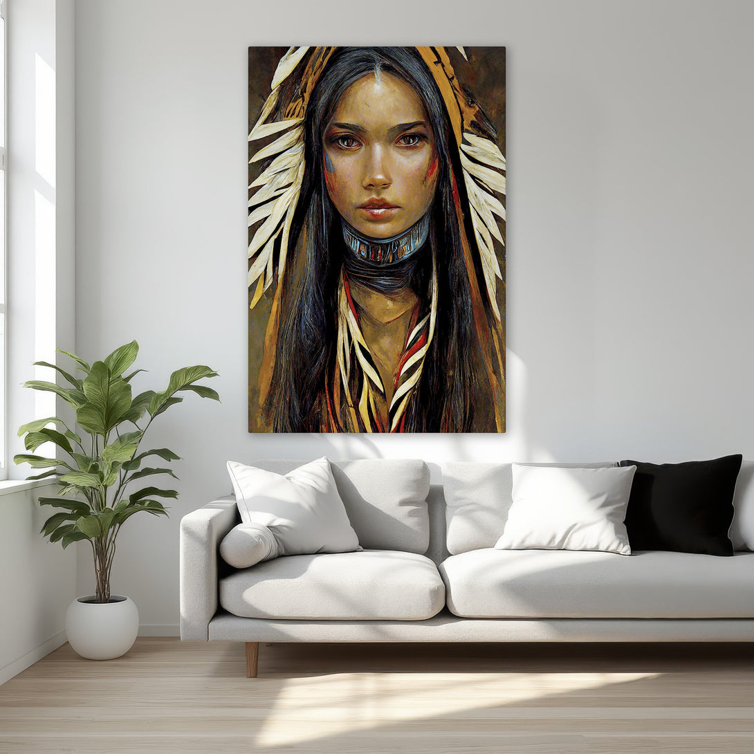 Framed Wall Art featuring a Native American portrait. Warm, earthy tones in a detailed, painterly style. Perfect for adding cultural elegance to your space.