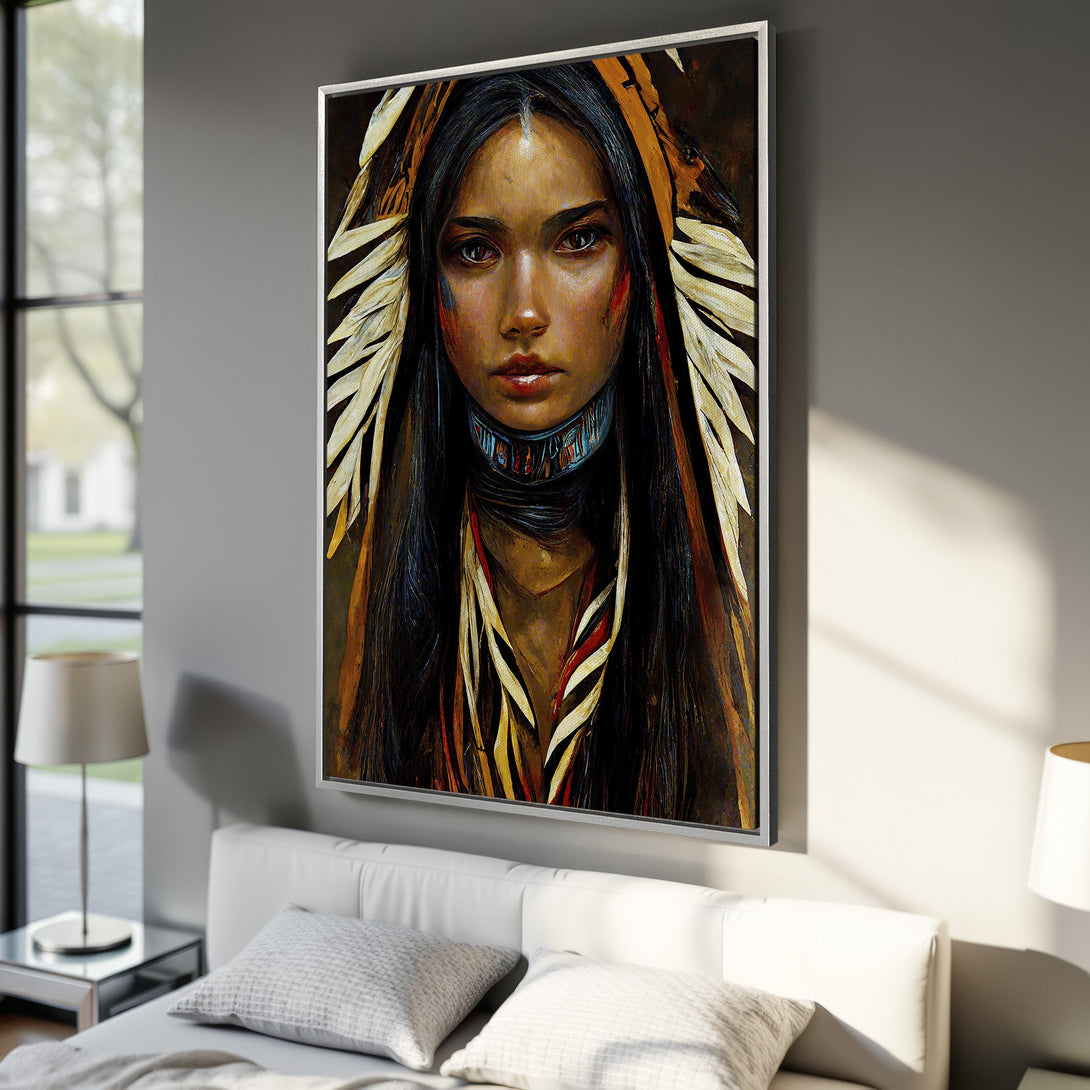 Framed Wall Art: Portrait of a Native American woman. Rich, warm color palette with earthy tones. Perfect for adding a touch of culture and style to your space.