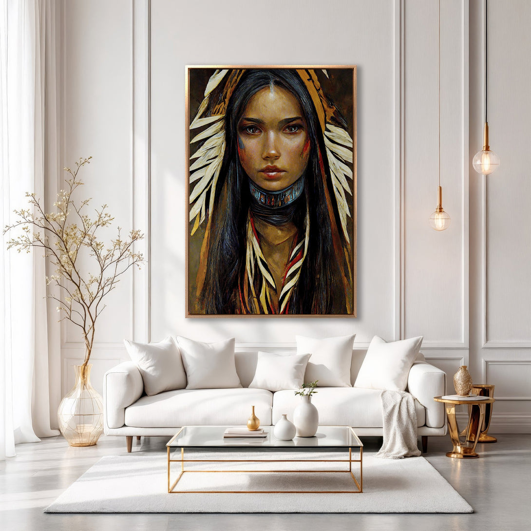 Framed Wall Art featuring a Native American woman in a warm, earthy color palette. Perfect for adding a touch of elegance and culture to any space.