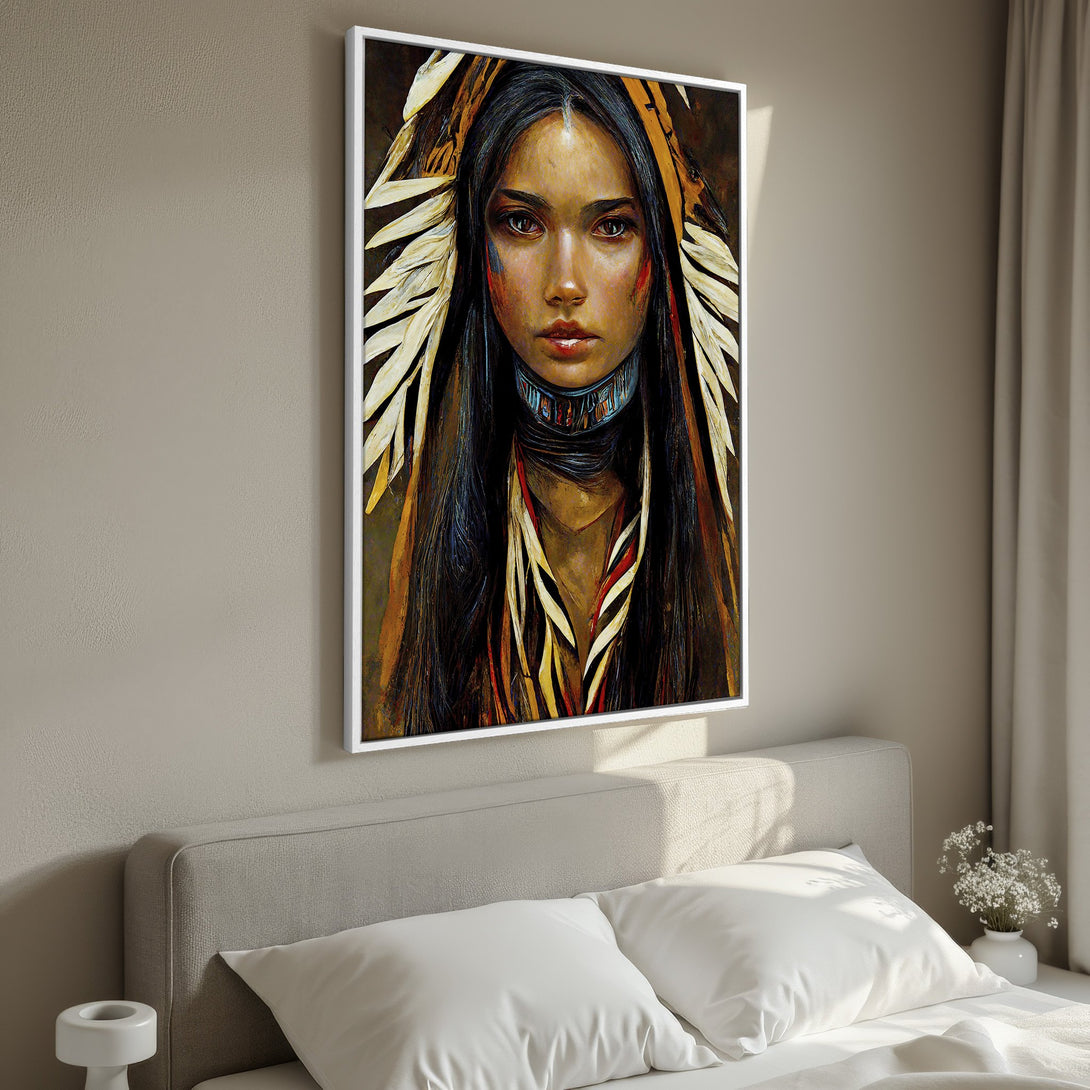 Framed Wall Art featuring a Native American woman portrait. Warm, earthy tones with pops of red and yellow. Perfect bedroom decor.