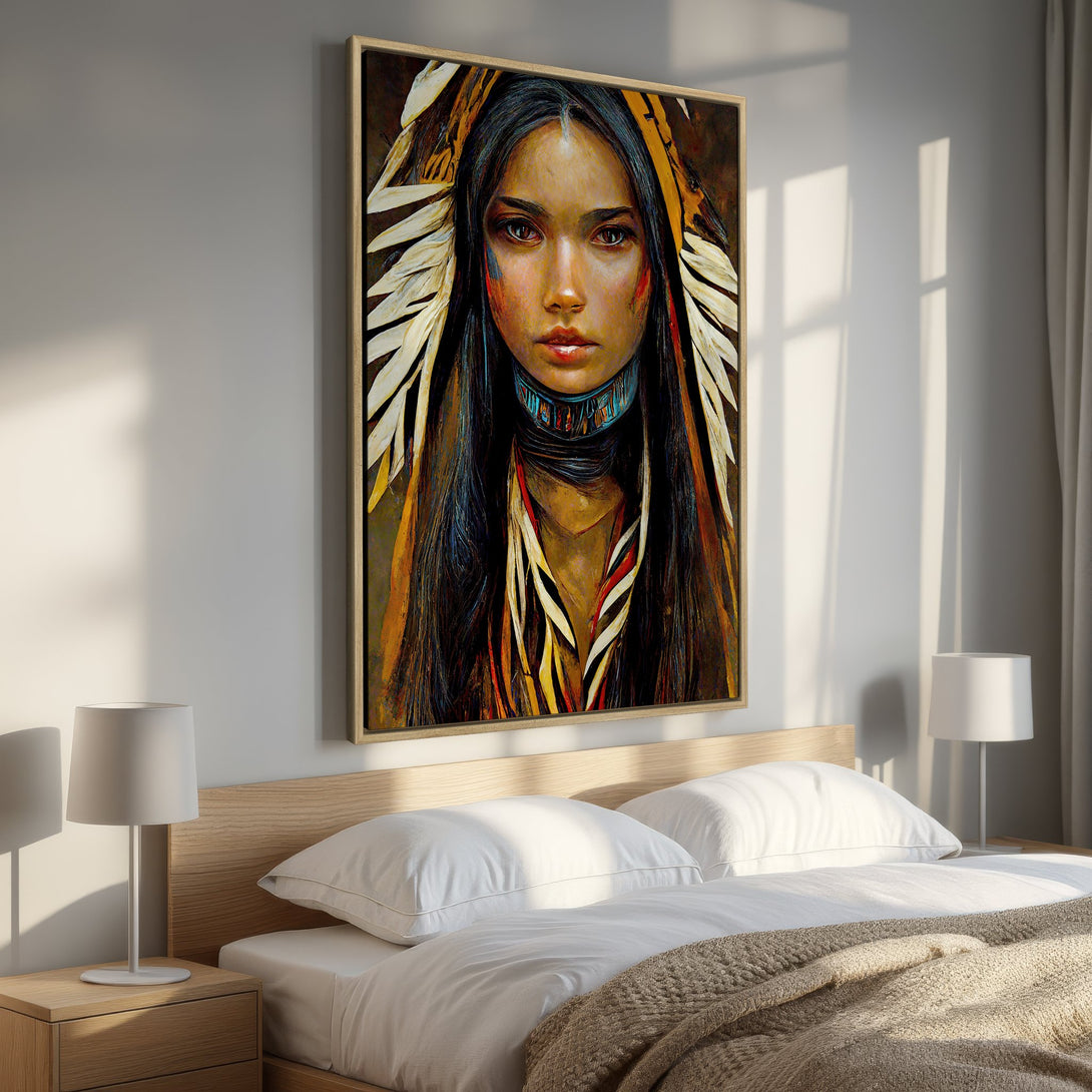 Framed Wall Art: Portrait of Native American woman with warm, earthy tones. Stunning canvas print for bedroom decor.