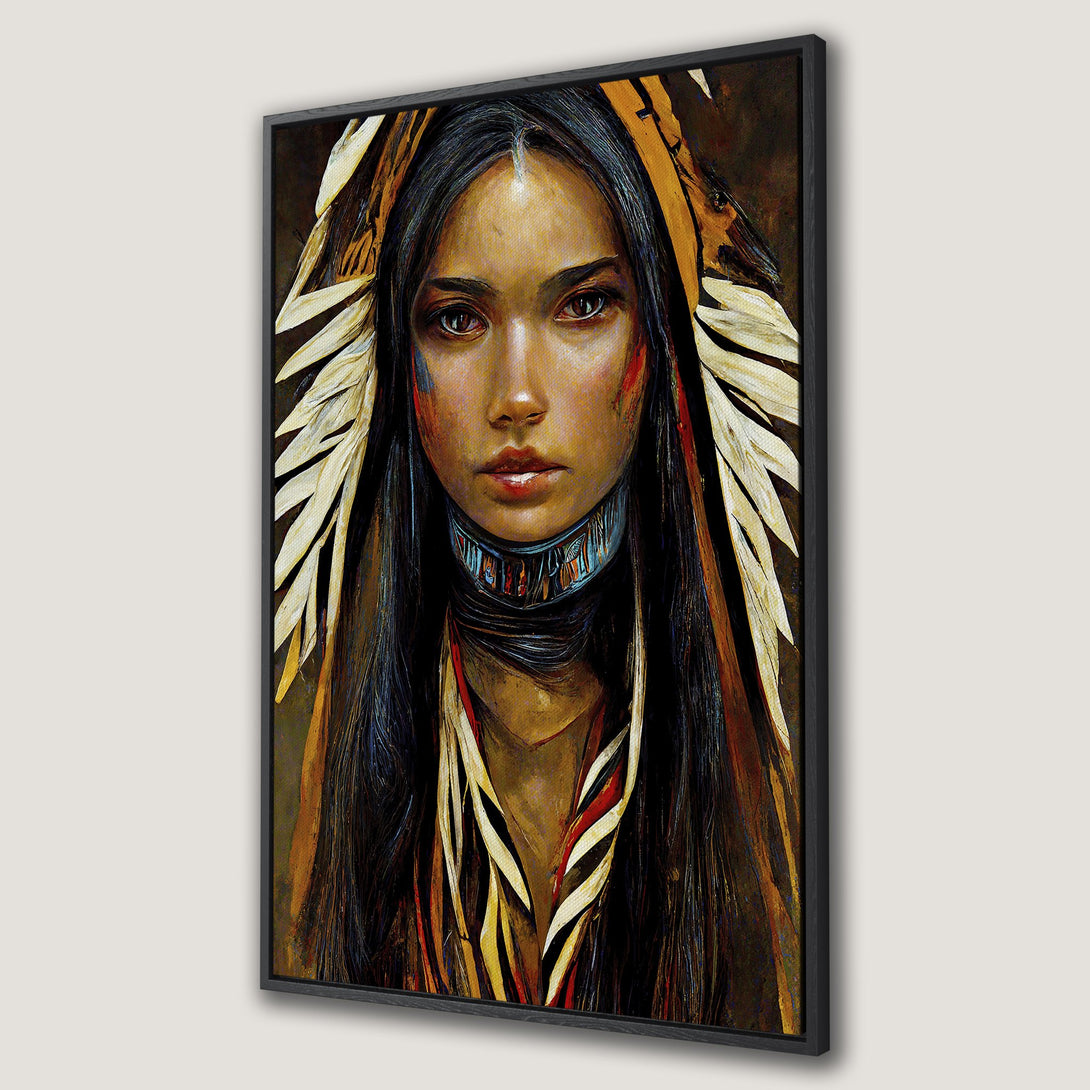 Framed Wall Art: Portrait of a Native American woman. Artistic style with warm, earthy tones and vibrant accents. Perfect for adding cultural flair.