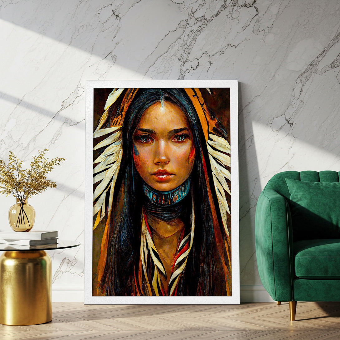 Framed Poster featuring a Native American woman, in a vibrant, painterly style with warm, earthy tones. Perfect wall art!