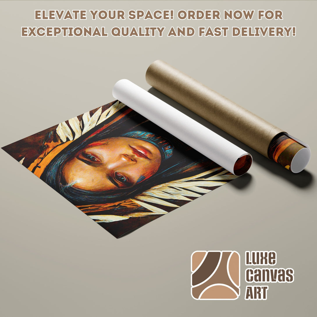Poster Roll featuring a woman's portrait in warm tones. Artistic style, earthy color palette. Order your art today!