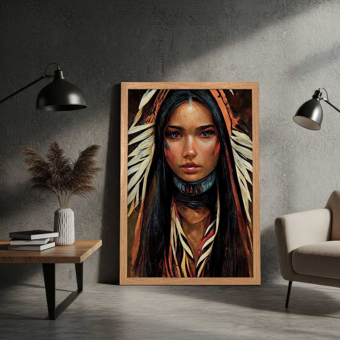 Framed Poster featuring a Native American woman, artistic style, with warm earthy tones and accents of blue and red. Perfect wall art.