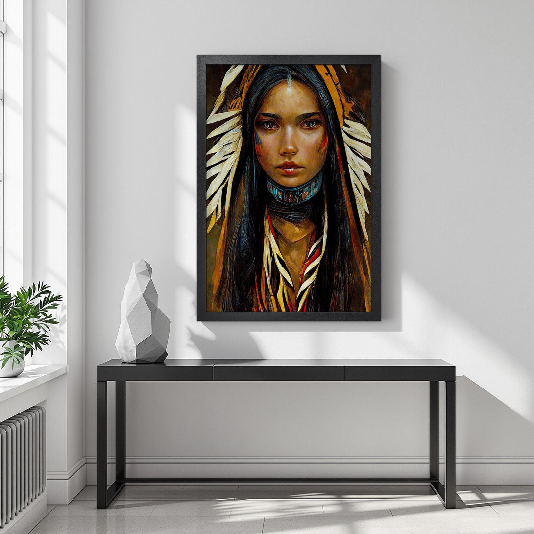 Framed Poster featuring a Native American woman portrait. Earthy tones and warm colors create a captivating, artistic style. Enhance your space with this stunning art.