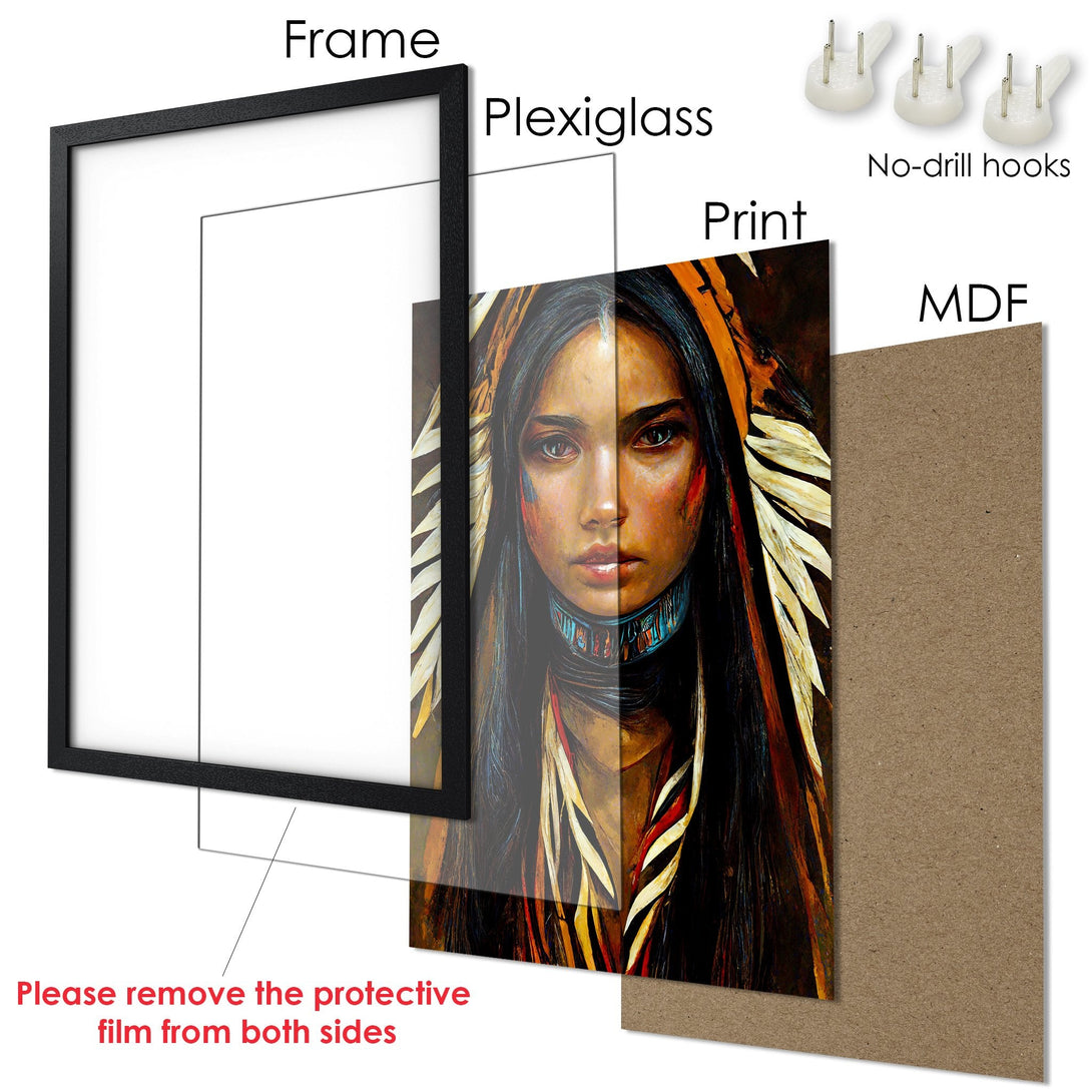 Framed Poster featuring a Native American woman, warm color palette, and artistic style. Ready to hang!