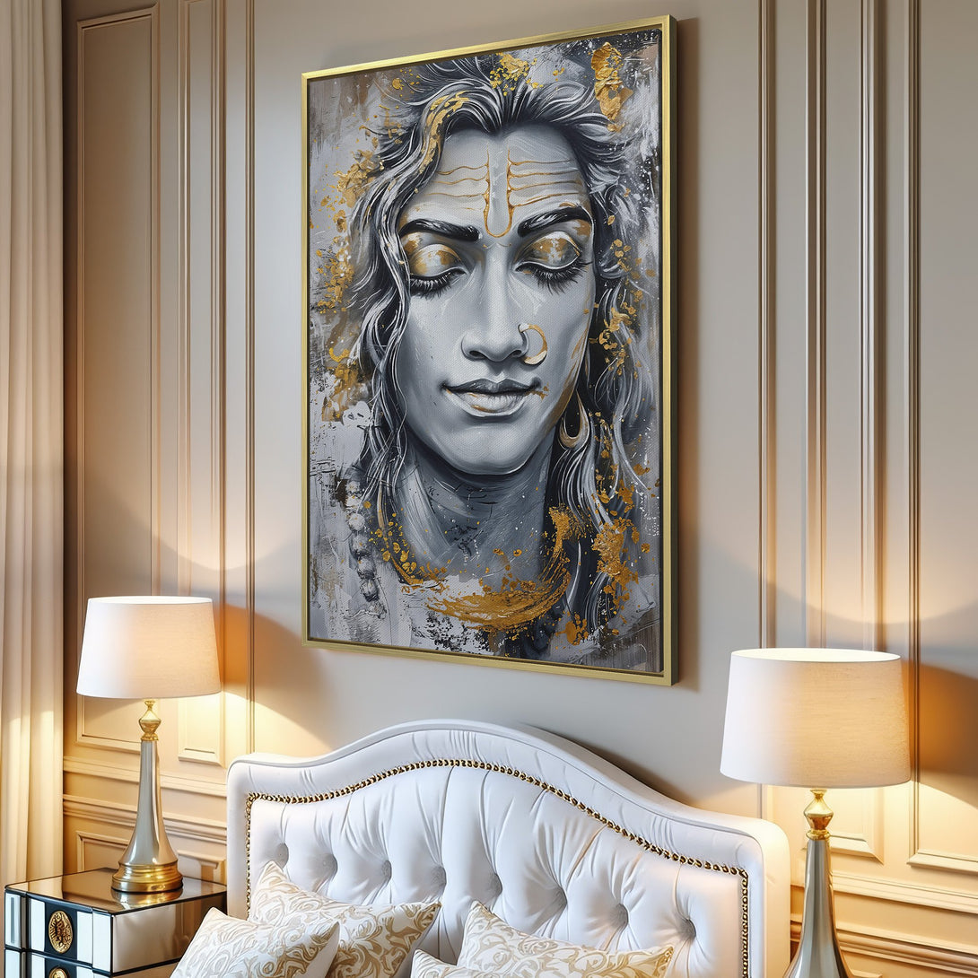 Canvas Print of meditating figure in gray and gold tones, modern art style, perfect for living room wall decor.