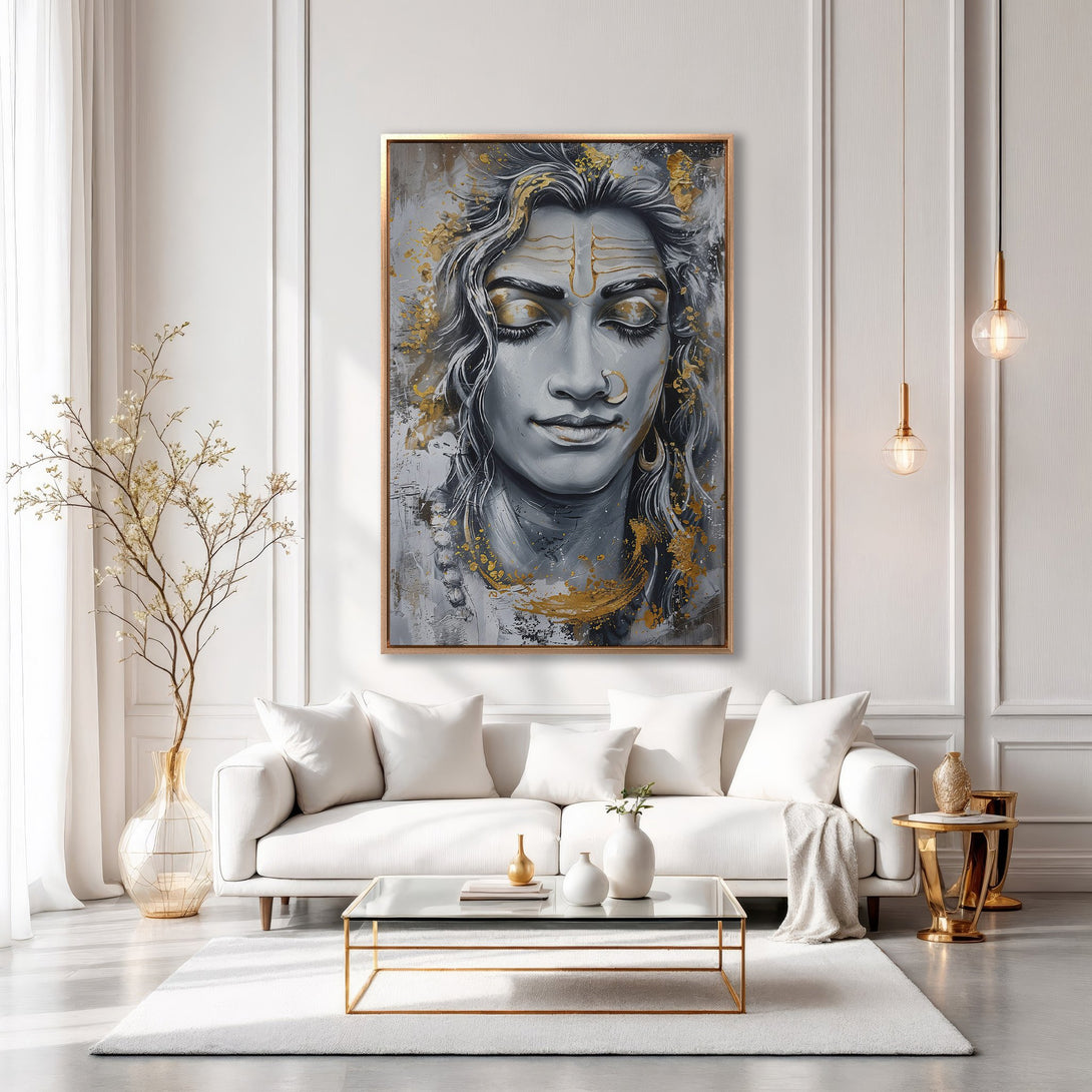 Framed Wall Art: Serene portrait of a deity in grayscale with gold accents, displayed in a modern, white interior. Elevate your space with spiritual art.