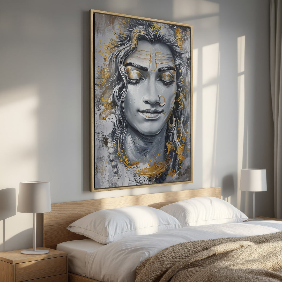 Framed Wall Art: Serene portrait of a meditating figure in gold, gray & white. Modern abstract art for bedroom decor. Enhance your space with this Canvas Print.