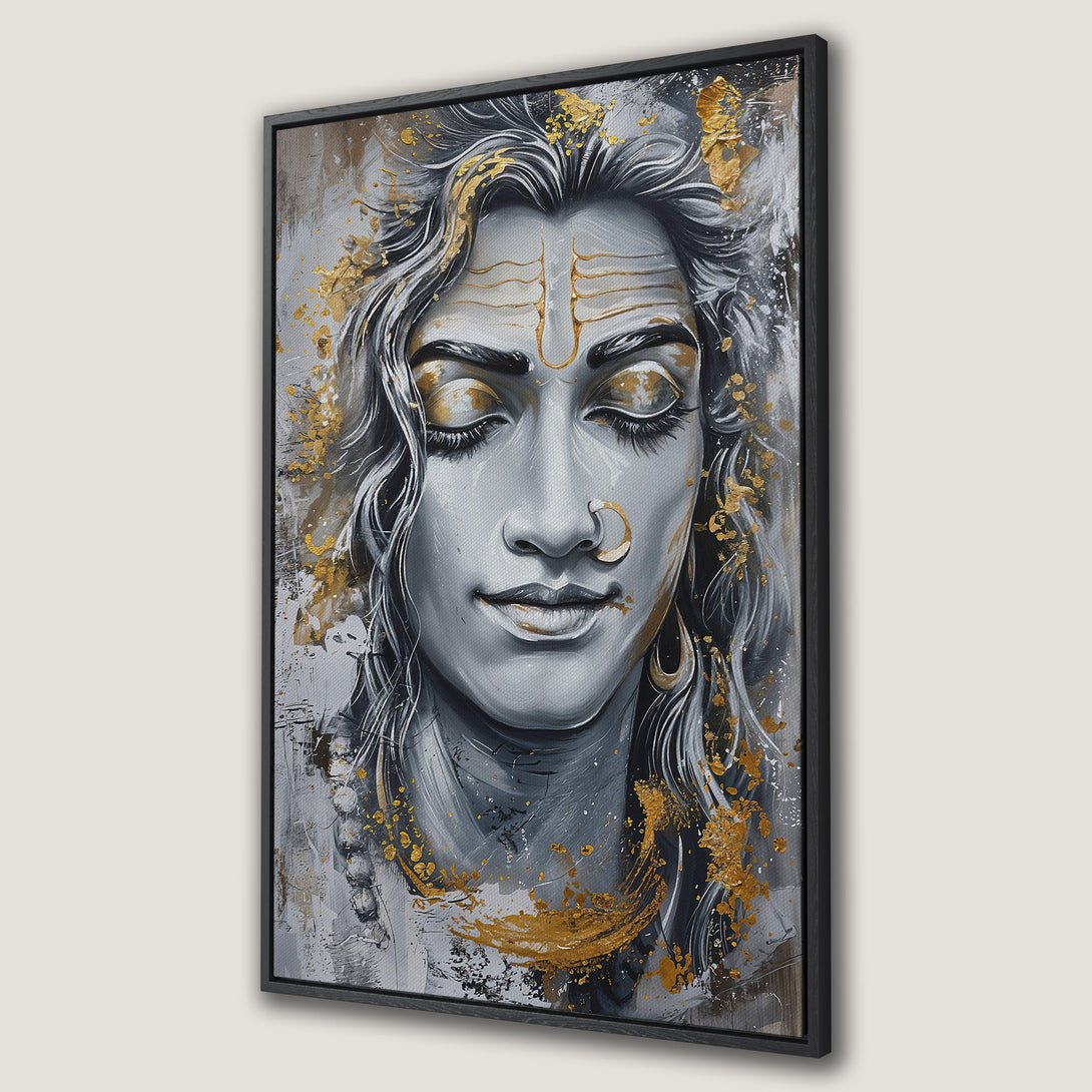 Framed Wall Art: Abstract portrait of a serene figure in grayscale with gold accents. Modern, spiritual canvas print for a stylish home.