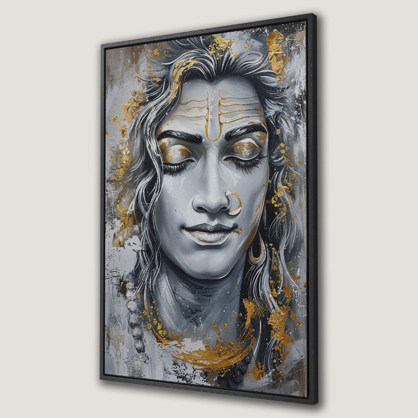 Framed Wall Art: Abstract portrait of a serene figure in grayscale with gold accents. Modern, spiritual canvas print for a stylish home.