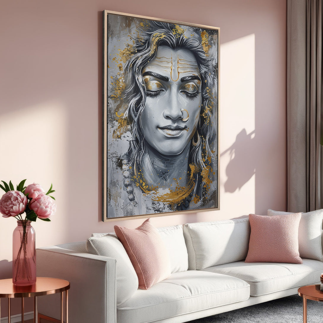Framed Wall Art: Serene portrait in gray, gold, and white, displayed in a modern living room. Enhance your space with this elegant Canvas Print.