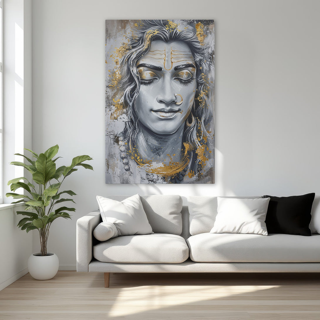 Framed Wall Art: Abstract portrait of a deity in grayscale with gold accents. Modern canvas print for a serene, elegant bedroom.