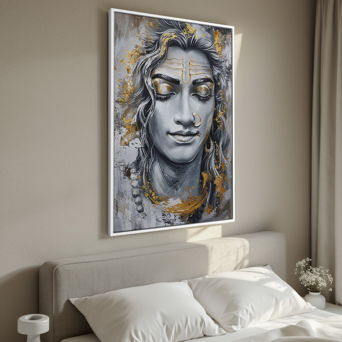 Framed Wall Art featuring a serene portrait with gold accents, in a neutral gray and gold palette, perfect for bedroom decor.