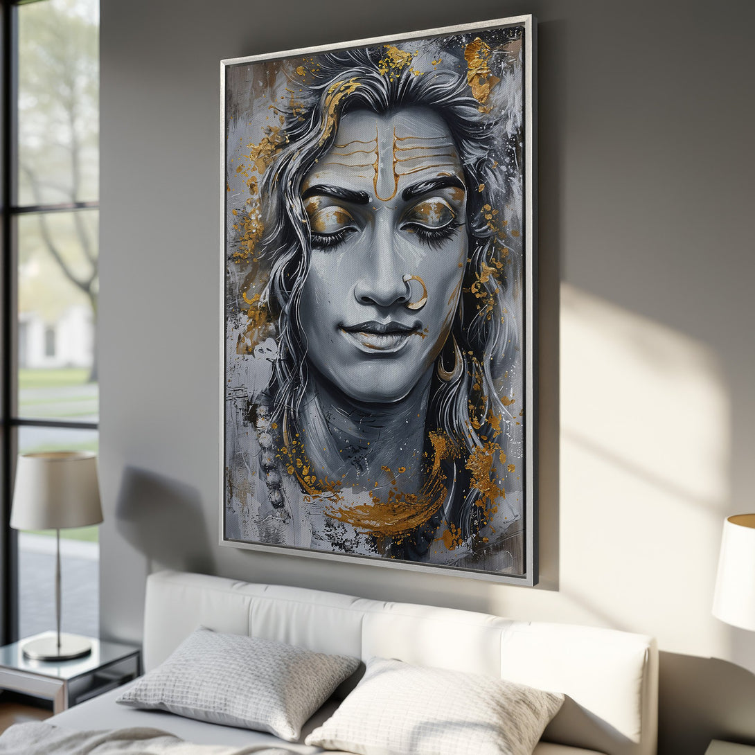Framed Wall Art featuring a serene portrait with gold accents, in a modern, abstract style. Grey, white, and gold color palette. Perfect for bedroom decor.