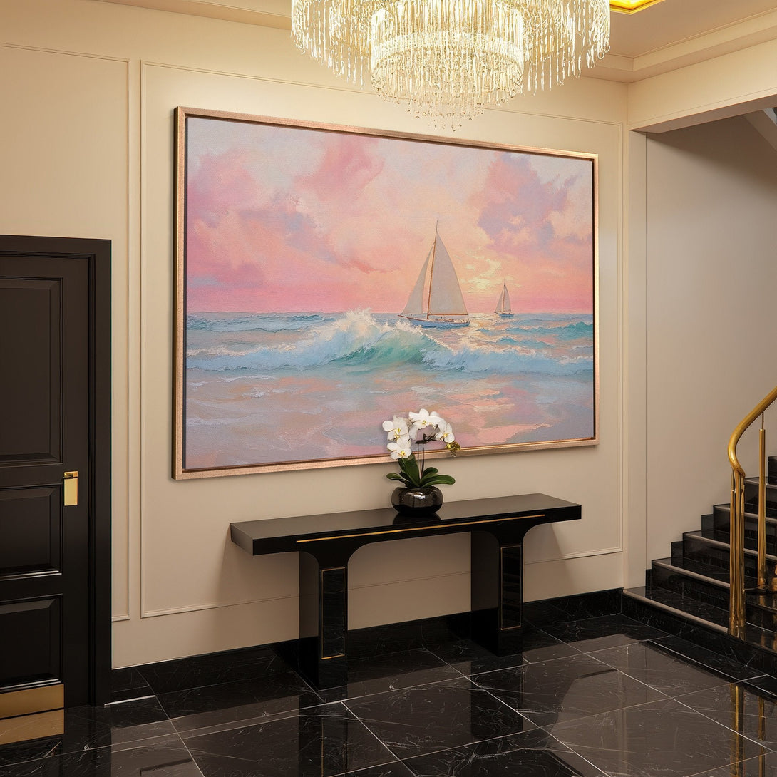 Framed Wall Art: Coastal sunset scene Canvas Print. Pastel pink and blue hues create a serene seascape. Perfect for living rooms and bedrooms.