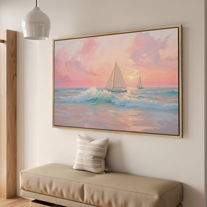 Sailboat at Sunrise Coastal Decor Framed Canvas Print