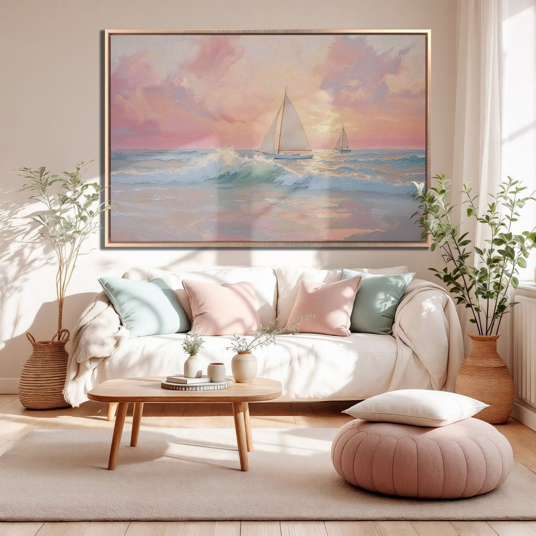 Framed Wall Art: Coastal sailboat painting in a warm, pastel color palette. Perfect for adding a touch of serenity to your living room.