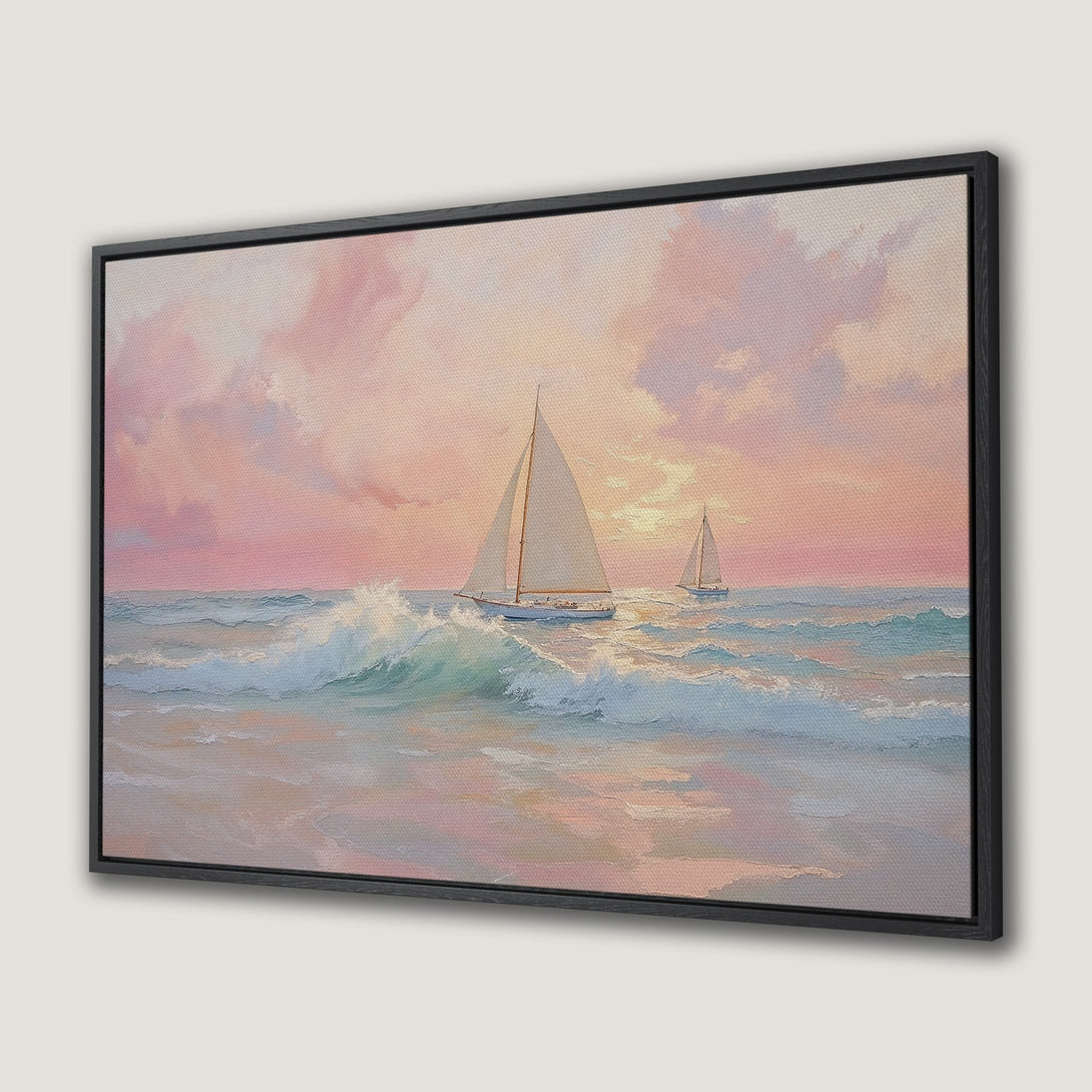 Framed Wall Art: Serene seascape Canvas Print with sailboats, painted in a soft, impressionistic style. Features a calming pastel color palette of pinks, blues, and creams.