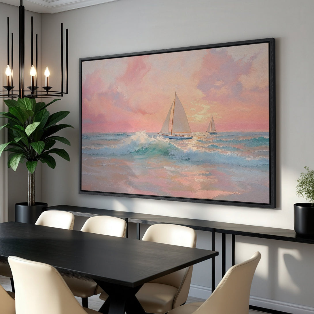 Framed Wall Art: Coastal sailboat painting in a dining room. Pastel pink and blue hues create a serene seascape. Perfect for adding a touch of elegance.