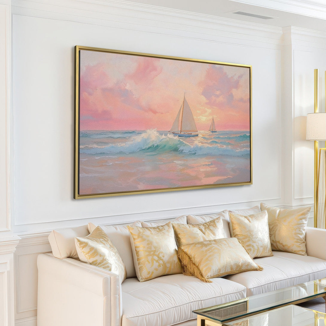 Canvas Print of a serene seascape with sailboats, soft pastel colors. Coastal wall art perfect for any home decor.