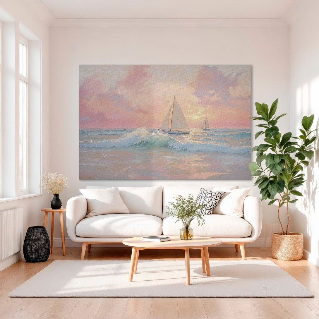 Framed Wall Art: Coastal sailboat scene in pastel pinks & blues. Romantic seascape Canvas Print adds elegance to any interior. Shop now!