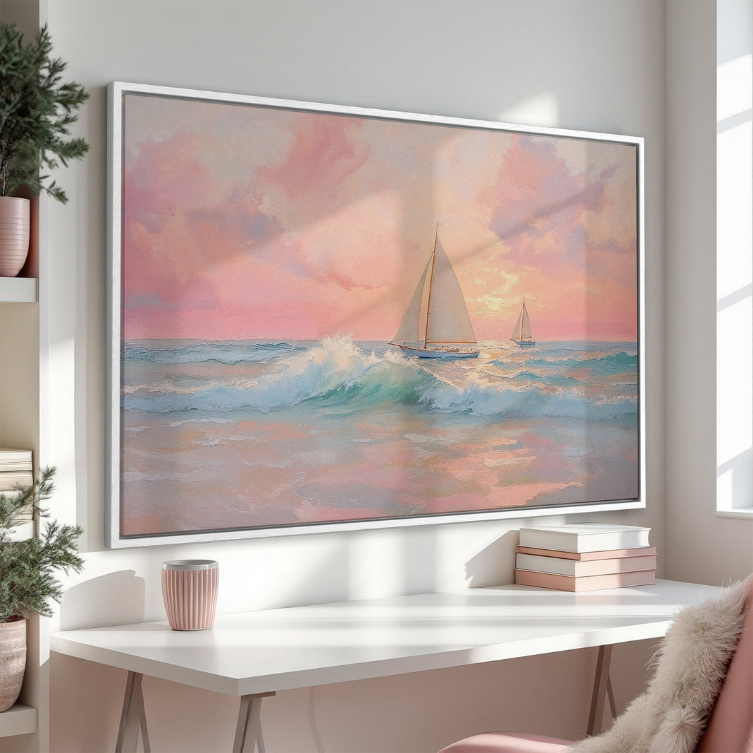 Framed Wall Art: Coastal sailboat scene in pastel pink and blue. Enhance your space with this serene canvas print, perfect for a calming aesthetic.