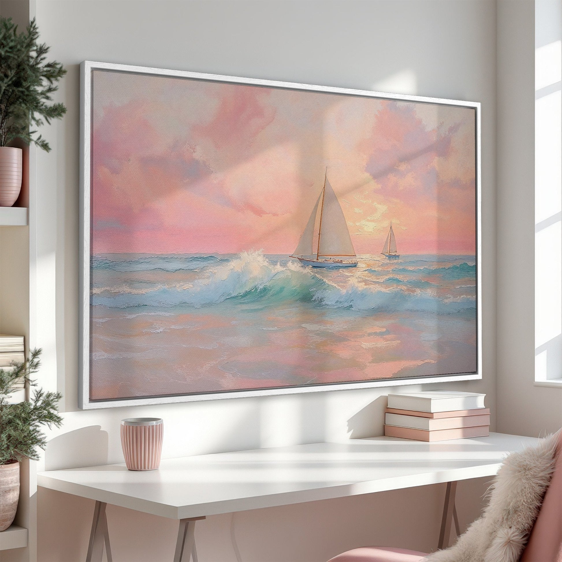 Sailboat at Sunrise Coastal Decor Framed Canvas Print