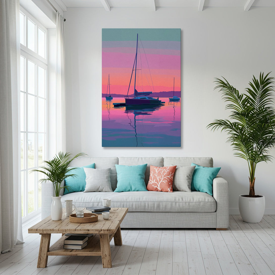Framed Wall Art: Coastal sunset scene Canvas Print in a modern interior. Features boats, vibrant pink, purple, and blue hues. Perfect for beach house decor.