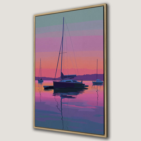 Framed Wall Art of sailboats at sunset. Modern, minimalist style with a vibrant pink, purple, and blue color palette. Perfect for coastal decor.